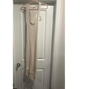 Ribbed Knit Fringe Hem Maxi Dress Sleeveless Casual Beach Cover Up